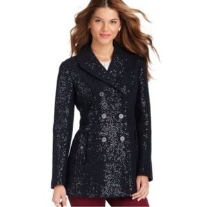 Ann Taylor Loft Navy Sequin Wool Blend Double-Breasted Pea Coat
